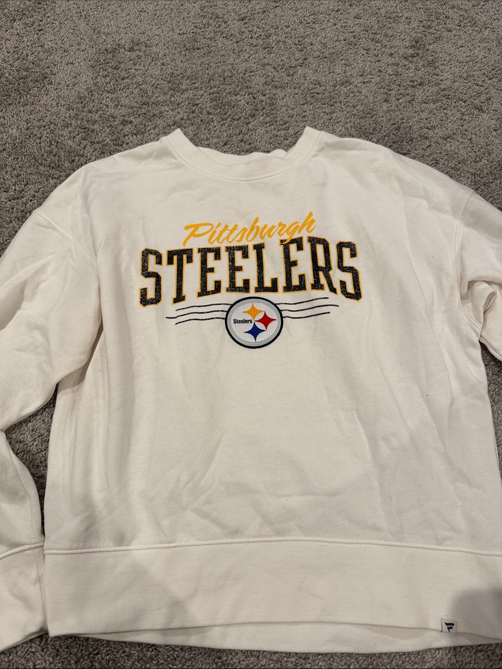 Fanatics White Pittsburgh Steelers Crewneck Sweatshirt with Gold and Black Logo - Picture 1 of 5